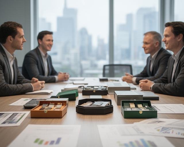 Vertriebsteam bespricht Sortimentslisten und Musterkoffer an einem Konferenztisch mit Blick über Zürich