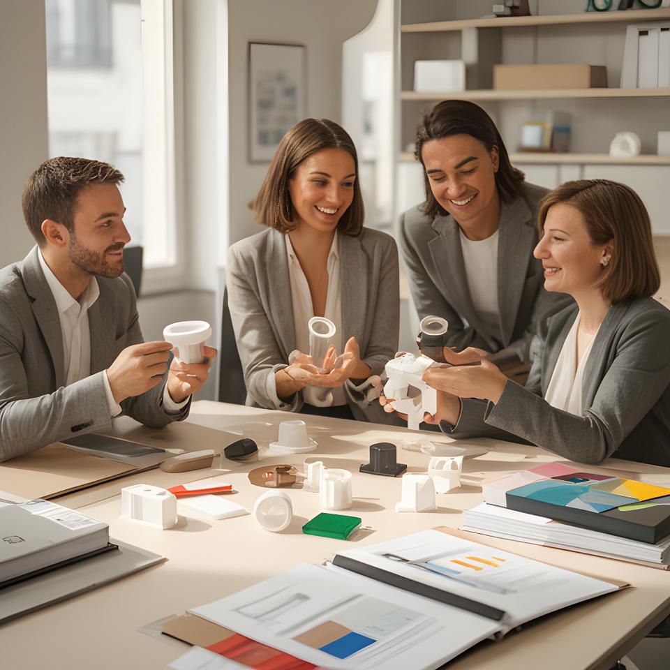Mitarbeitende in einem hellen Zürcher Büro mit Kunststoff-Musterteilen, die eine B2B-Anfrage besprechen