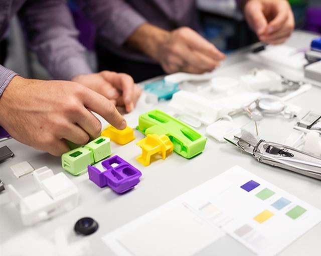 Produktentwicklungsteam prüft Kunststoffprototypen an einem hellen Arbeitstisch mit Werkzeugen und Farbmusterkarten
