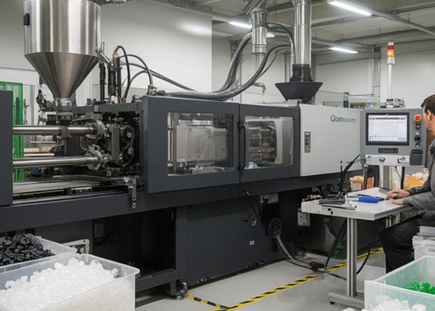 Spritzgussmaschine in einer gepflegten Fertigung mit Bedienpult, Materialzufuhr und ordentlichen Arbeitswegen